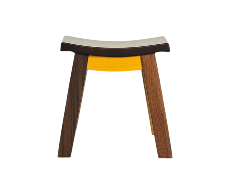 Modern solid wood stool with a curved seat, a dark brown and light yellow color combination, on Png Format and Transparent Background