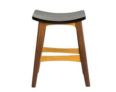 Modern solid wood stool with a curved seat, a dark brown and light yellow color combination, on Png Format and Transparent Background