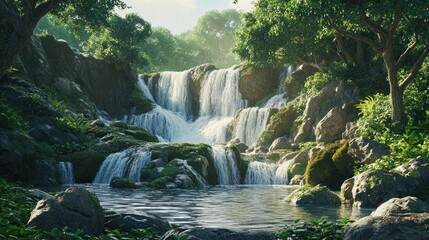 Naklejka premium Lush jungle waterfall cascades into tranquil pool; serene nature scene, ideal for travel brochure