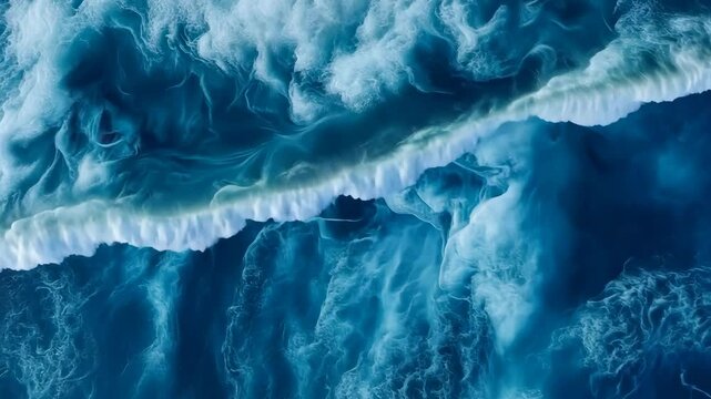 Dynamic ocean waves crashing and receding in majestic blue aerial view