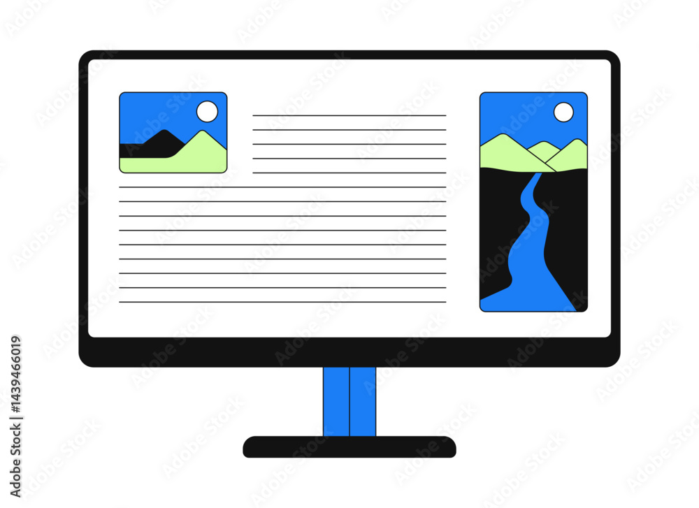 Poster desktop monitor with web article layout 2d cartoon object. computer display webpage with text conten