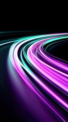 A purple and green line that is curved and has a lot of light. It is a very colorful and dynamic image