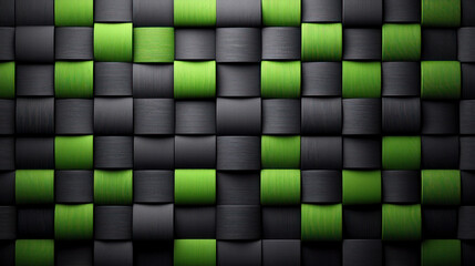 A green and black checkerboard patterned wall. The green and black squares are woven together to create a unique design