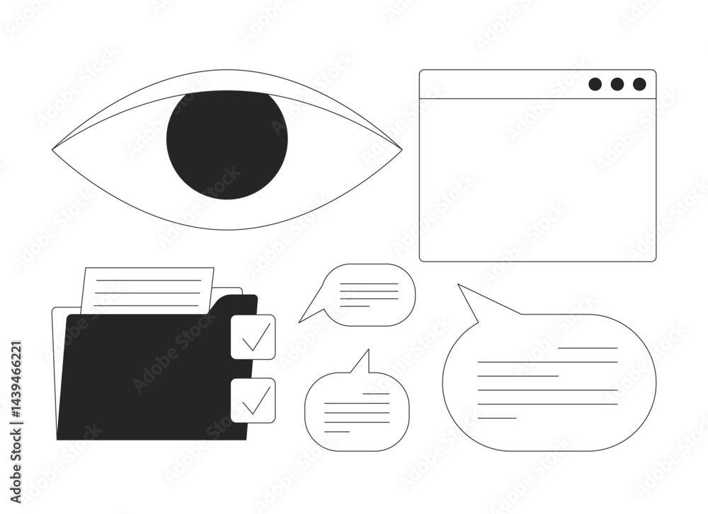Poster interface and communication icons 2d line objects set. eye, file folder checkmarks, browser window, 