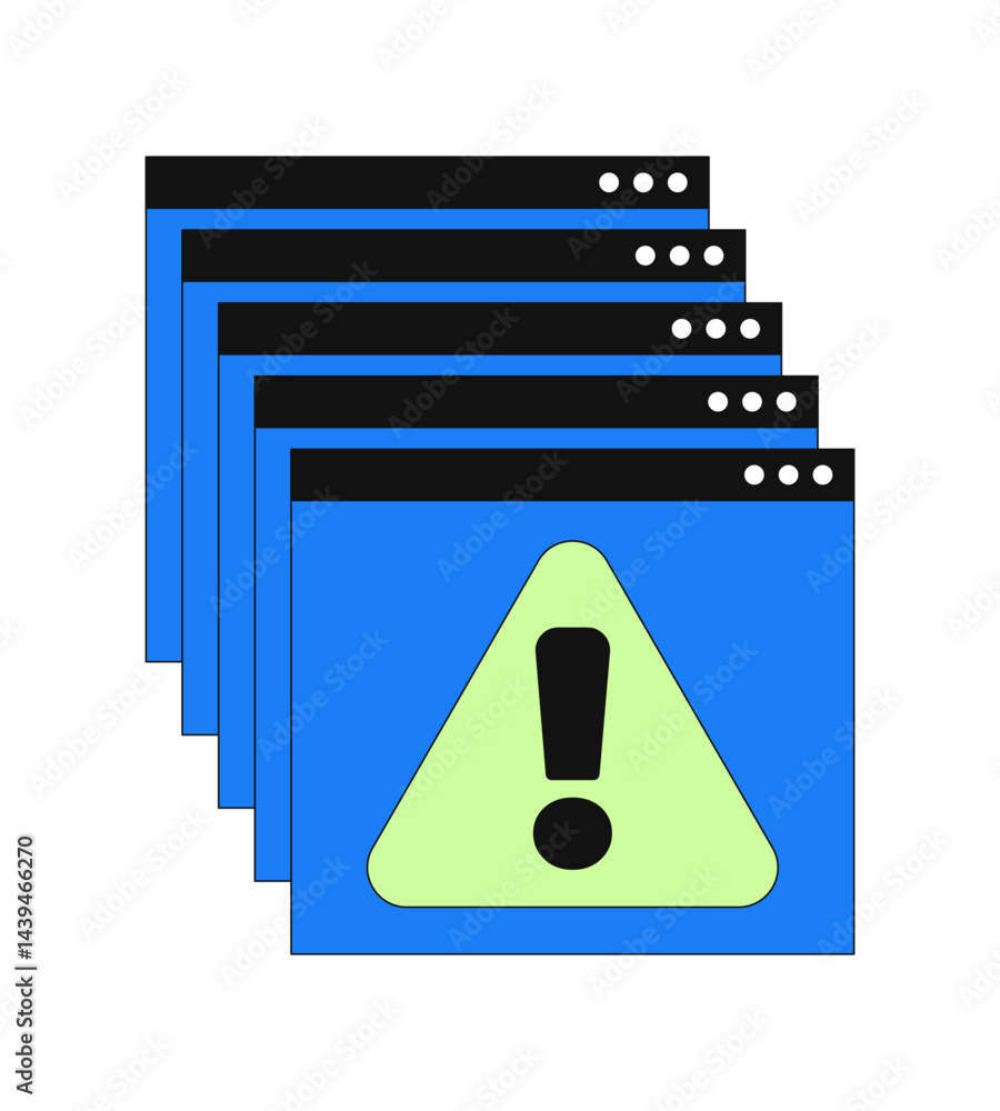 Poster error messages web multiple popups 2d cartoon object. overlapping browser windows with alert triangl