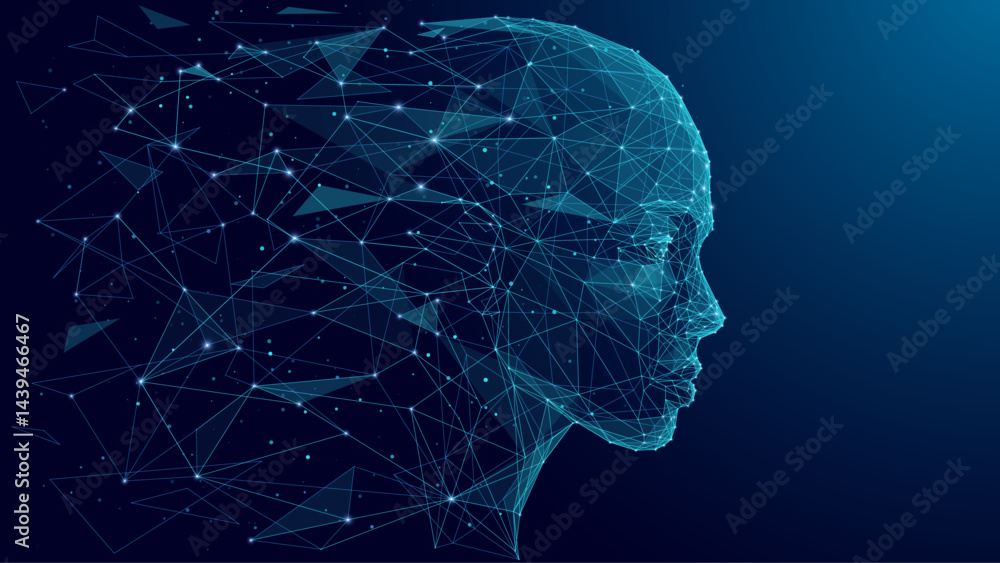 Poster A humanoid robot face looks sideways straight ahead. An abstract human head consisting of lines and dots and falling apart into separate particles. AI innovation concept. Low poly wireframe vector.