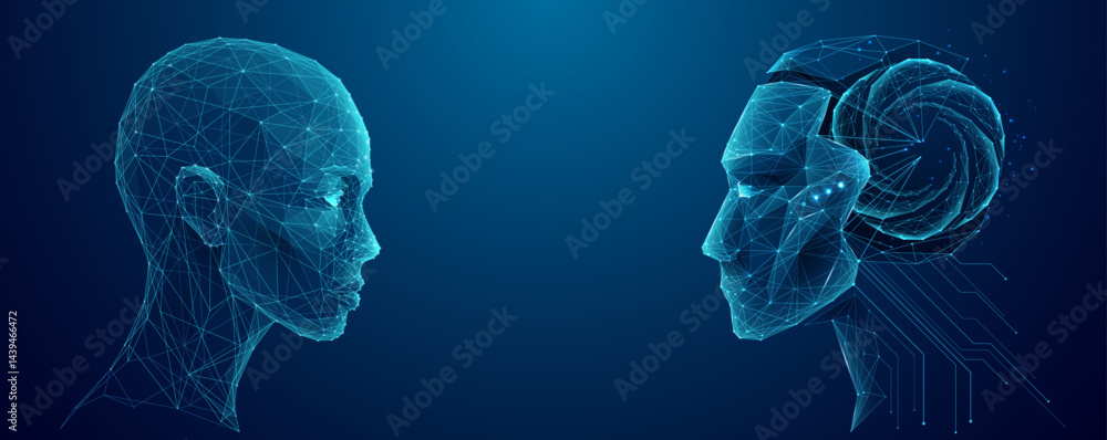 Poster An abstract human looks into the face of a humanoid robot with an AI brain. Artificial intelligence and science innovation concept. Technology blue background. Digital wireframe vector illustration.