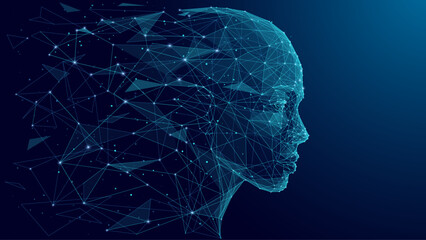A humanoid robot face looks sideways straight ahead. An abstract human head consisting of lines and dots and falling apart into separate particles. AI innovation concept. Low poly wireframe vector.