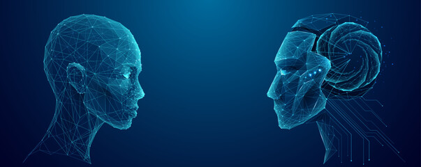 An abstract human looks into the face of a humanoid robot with an AI brain. Artificial intelligence and science innovation concept. Technology blue background. Digital wireframe vector illustration.