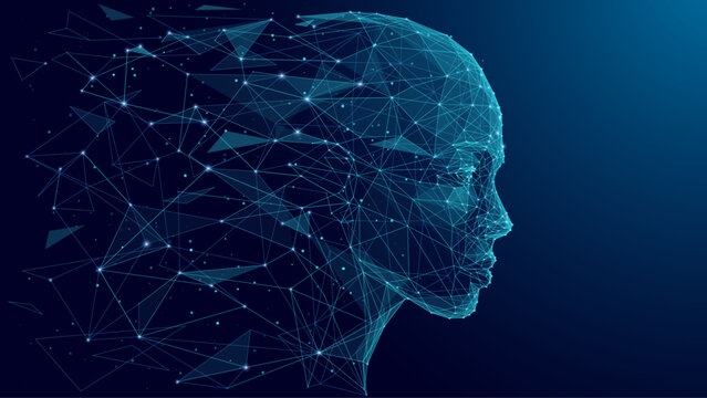 A humanoid robot face looks sideways straight ahead. An abstract human head consisting of lines and dots and falling apart into separate particles. AI innovation concept. Low poly wireframe vector.