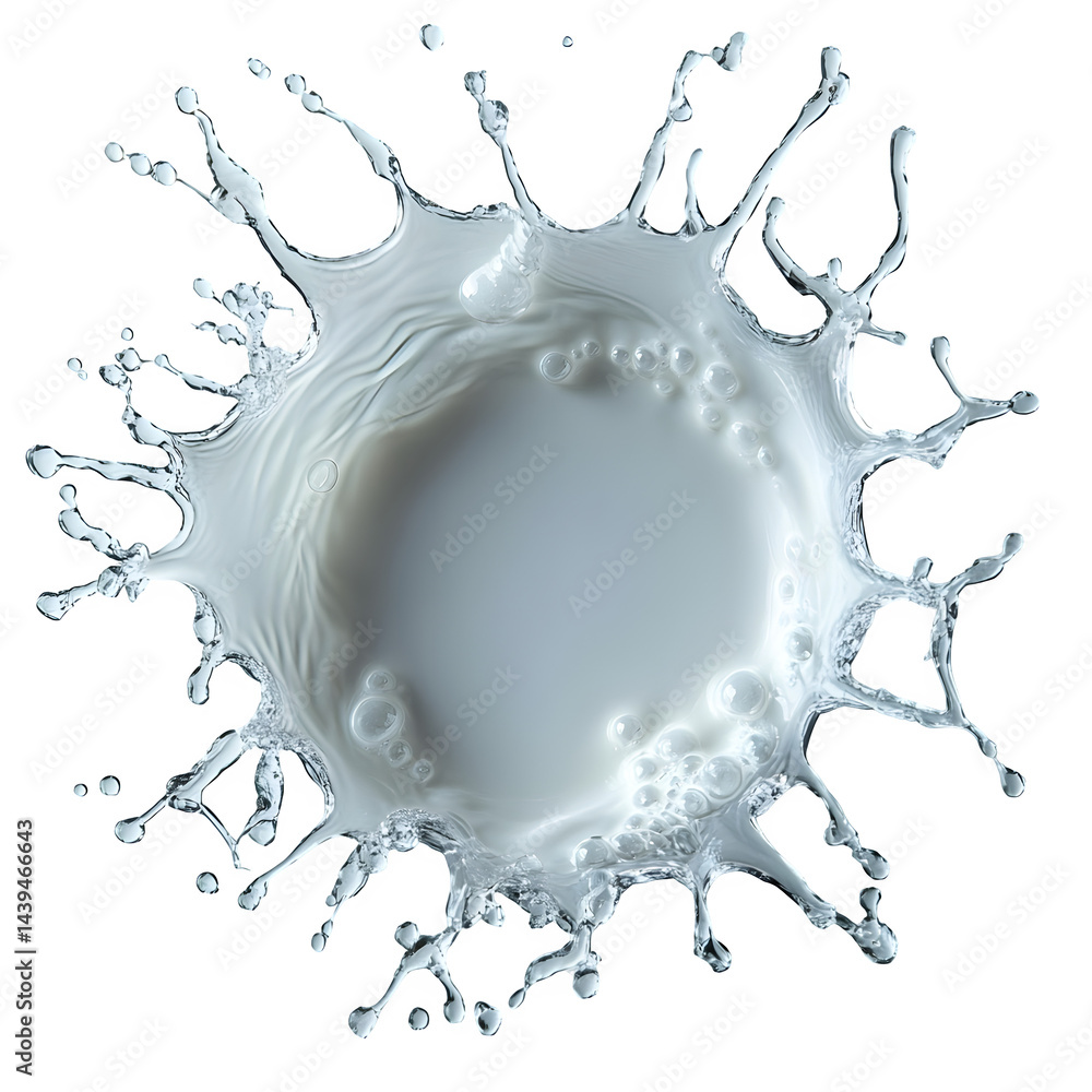 Poster a top view of a milk splash with droplets and ripples against a solid black background space around 