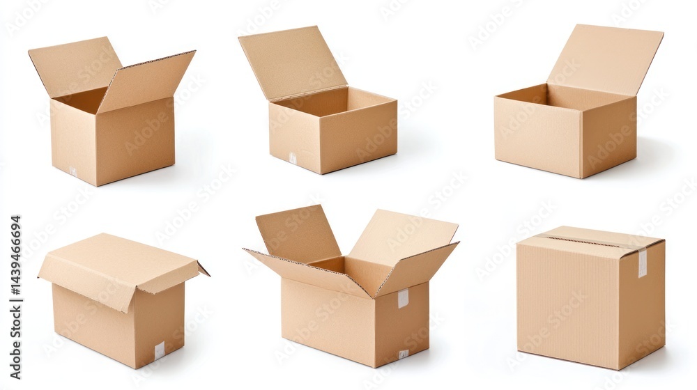 Poster isolated empty carton boxes with open lids on white background