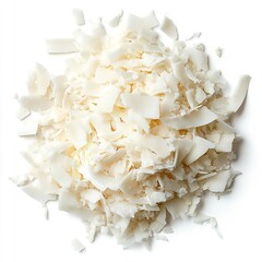 Shredded coconut flakes pile close up macro shot for baking cooking and healthy eating ingredient 100g on transparent background