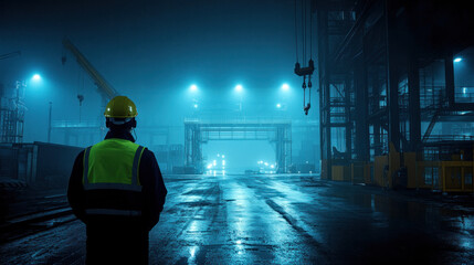 A man in a yellow vest stands in a wet industrial area. The sky is dark and the lights are on