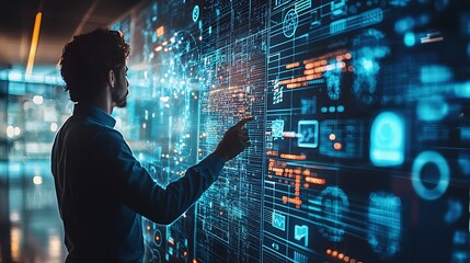 Young Businessman Interacting with Futuristic Digital Interface in Modern Office Setting