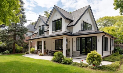 Modern house with covered patio and backyard, residential property, sunny day, potential for real estate or home design