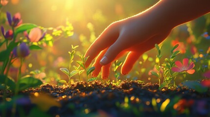 Fototapeta premium Hand nurturing a young plant in a vibrant garden