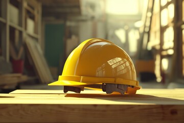 Bright yellow safety helmet on wooden surface in a construction site.