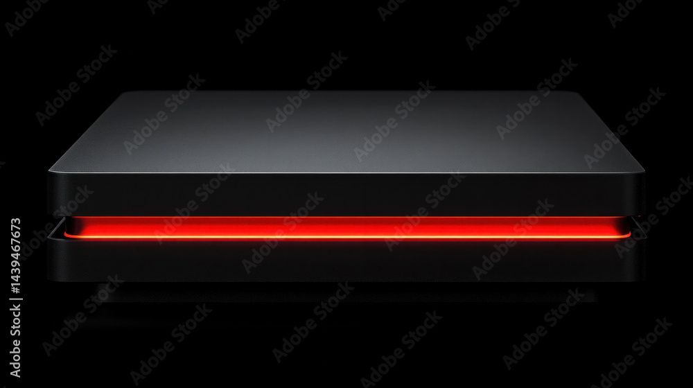 Poster a black computer tower with red lights on the side. the red lights are glowing and the black color o