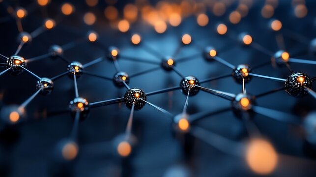 Abstract network connection shiny metal nodes global digital technology 3d web grid data mesh dark