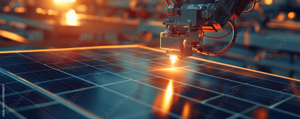 Poster a robot is working on a solar panel. the robot is surrounded by a lot of other robots