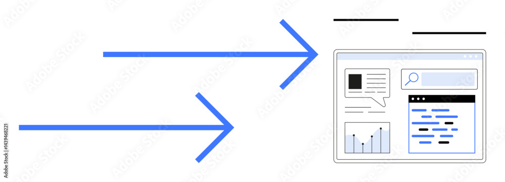 Poster blue arrows pointing to a web page interface with a search bar, text bubbles, graphs, and highlighte