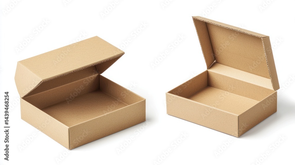 Poster isolated empty carton boxes with slightly open flaps on white background
