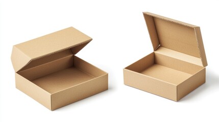Isolated empty carton boxes with slightly open flaps on white background
