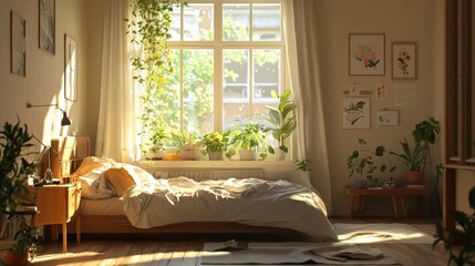Sunlight streams into a cozy bedroom filled with greenery.