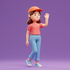 Cute kawaii positive excited asian colorful active brunette girl in fashion clothes blue pants, red t-shirt walks in humorous funny pose one leg up have fun. 3d render