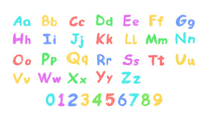 Colorful vector illustration of the English alphabet and numbers 0-9, hand-drawn in a crayon, chalk, pastel, or wax style. Highlighter effect on a board, perfect for kindergarten drawing and learning