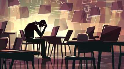 A person sits at a table in a dimly lit room, resting their head on their hand while looking at a laptop. The atmosphere suggests deep thought or fatigue in a quiet, studious environment.