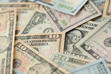 Stack of dollar bills. Hundred, fifty, twenty, ten, five dollars banknote close up