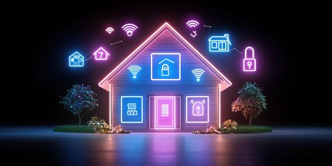 Smart Home Neon Sign Illustrates Modern Technology Integration