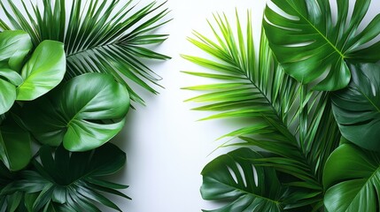 Lush tropical leaves arranged symmetrically on a white background
