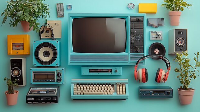 Nostalgic tech corner with classic gadgets and pastel theme photo