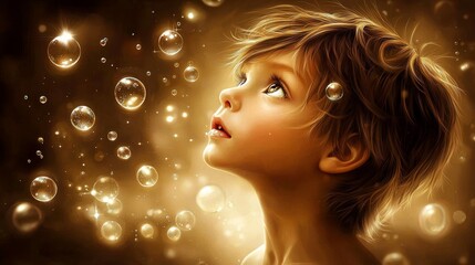 Young Child with Wonder in Eyes Gazing at Bubbles in Dreamy Background