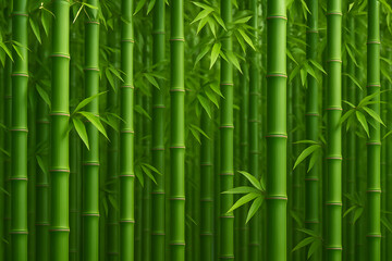 Obraz premium Dense green bamboo forest background with tall stalks and lush leaves, natural tropical jungle scene, eco friendly environment, serene peaceful nature, bamboo grove texture pattern