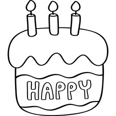 Cake with Candles and the Word Happy Doodle Outline