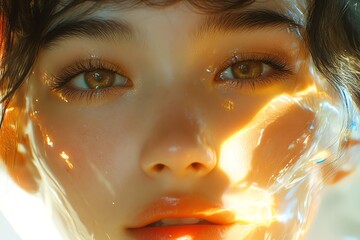 Close-up of a person's face with water reflections on skin