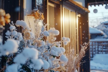 Fototapeta premium Kadomatsu Decoration at Snowy Traditional Japanese Home Entrance in Morning Light