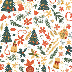A festive pattern featuring Christmas trees, holly leaves, poinsettias, bells, and ribbons in vibrant red, green, and gold colors. The design exudes holiday cheer and seasonal joy.