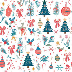 A festive pattern featuring Christmas trees, holly leaves, poinsettias, bells, and ribbons in vibrant red, green, and gold colors. The design exudes holiday cheer and seasonal joy.