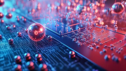 Abstract technology background red blue digital network sphere 3d web data board shiny lines nodes