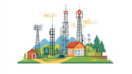 Colorful Illustration of Communication Towers and Rural Landscape with Houses and Trees