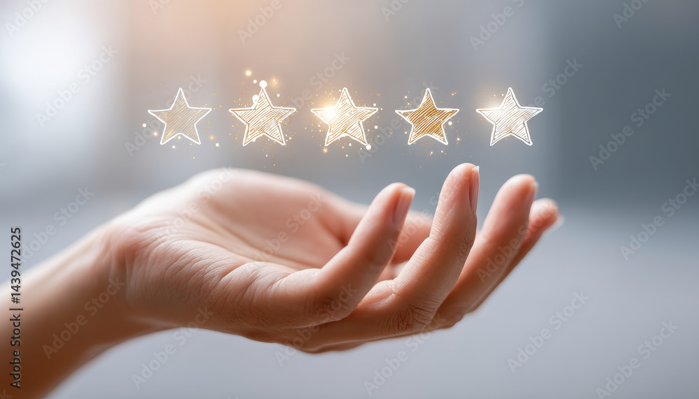 Poster hand reaches out to display glowing stars symbolizing digital security and protection, emphasizing i