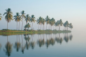 Obraz premium Coconut Palms Leaning Over Misty Ocean at Sunrise with Long Shadows