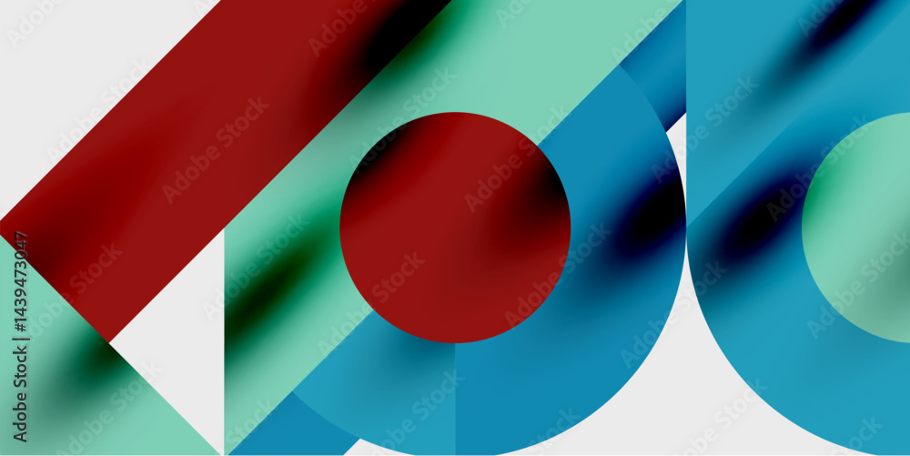 Poster Abstract geometric composition. Red, teal, blue shapes overlap creating dynamic visual effect. Minimalist design, modern aesthetic.