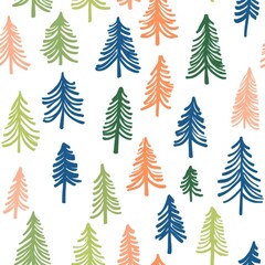 Obraz premium Pattern Christmas trees outline of lime green and blue and orange red pink and blue and lime green Christmas trees . The design is set against a neutral or white background for a clean and modern look