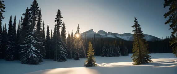 Towering Canadian pines crowned with fresh snow in early morning light. Extremely detailed high resolution illustration.